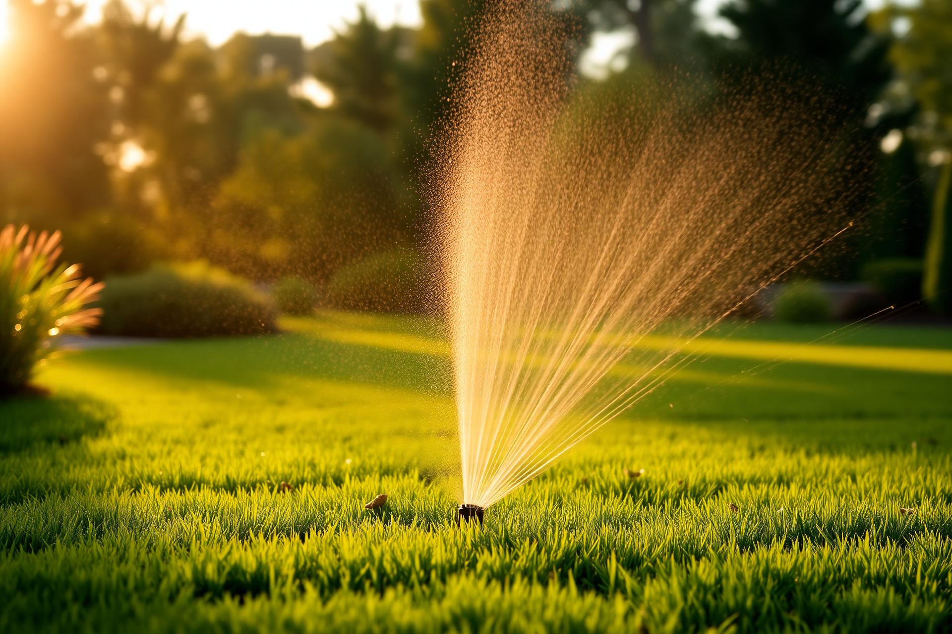 Sprinkler watering a healthy green lawn at golden hour